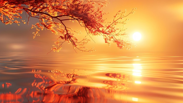 Une branche d'arbre avec quelques feuilles dans l'eau au coucher du soleil ou au lever du soleil avec le soleil se reflétant