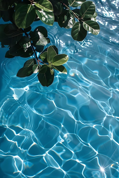 Une branche azur est suspendue au-dessus de la piscine d'eau un mélange tranquille d'eau et de nature