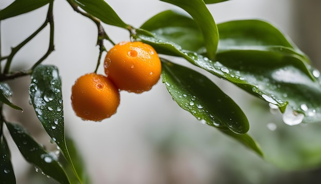 une branche avec des baies d'orange et une branche qui a de l'eau dessus