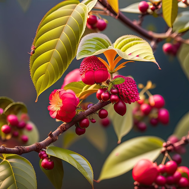 une branche avec des baies rouges et des feuilles vertes qui sont sur un arbre.