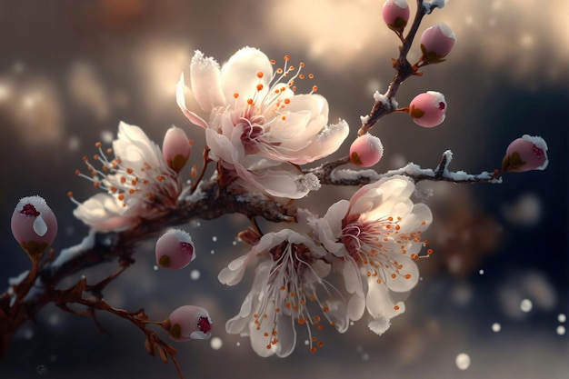 Une branche de belle fleur de prunier avec fond de neige