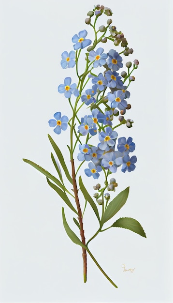 Une branche bleue myosotis - moi - pas de fleurs aux feuilles vertes.