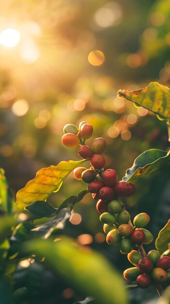 Branche de café éclairée par le soleil avec des baies de café mûres et immatures