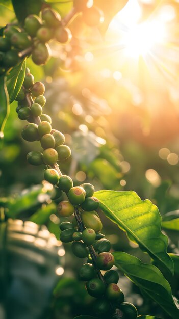 Branche de café éclairée par le soleil avec des baies de café mûres et immatures