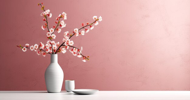 Branche de cerise rose en fleurs dans un vase sur fond blanc créée avec la technologie d'intelligence artificielle générative