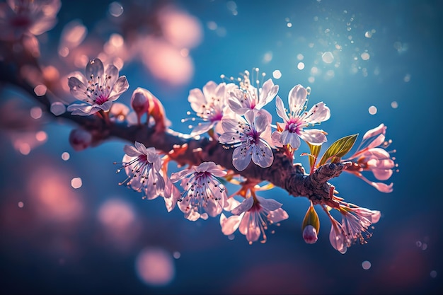 Photo une branche de cerise rose en fleurs sur un fond de ciel bleu au printemps