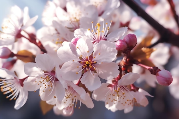 Une branche de cerises en fleurs avec des fleurs roses et des étamines jaunes.