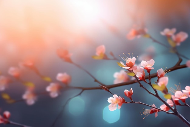 Une branche de cerisiers en fleurs sur un fond bleu