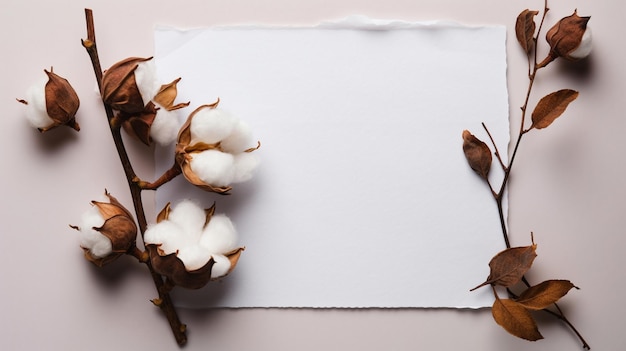 Branche de coton avec carte de feuille de papier vierge vide