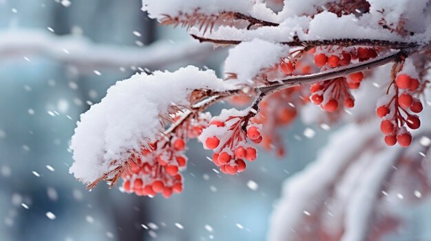 Branche couverte de neige avec des baies rouges dans la forêt Focus sélectif