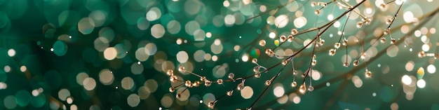 Une branche délicate avec des gouttes de rosée et des lumières bokeh sur fond vert