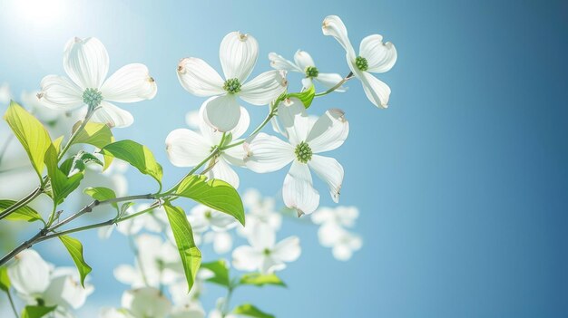 Une branche de dogwood en fleurs avec une fleur blanche isolée sur fond de ciel bleu