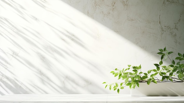 Branche ensoleillée avec des feuilles vertes projetant de l'ombre sur l'espace de copie de table en bois de mur de carreaux de marbre blanc
