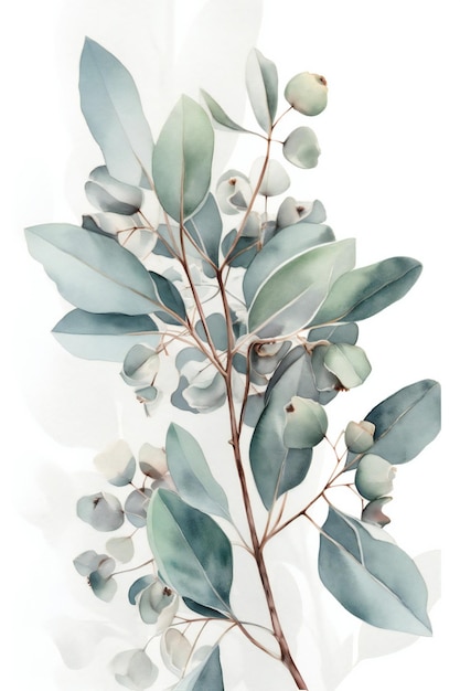 Une branche d'eucalyptus argenté avec des feuilles et des baies.