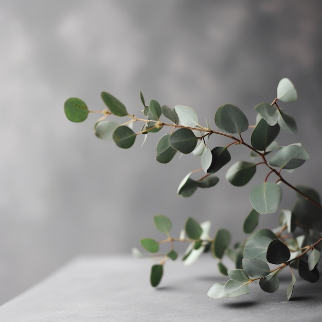 Une branche d'eucalyptus est dans un vase sur une table grise.