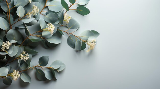 La branche de feuillage d'eucalyptus aux feuilles vertes repose à plat sur le bord d'un fond blanc bleuâtre