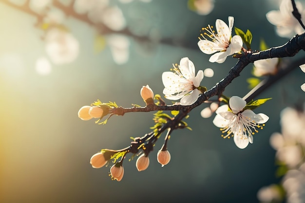 Une branche d'une fleur de cerisier avec le soleil qui brille à travers les branches.