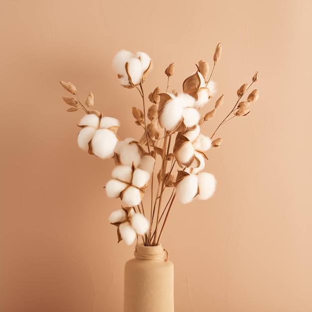 Branche de fleur de coton moelleux séché sur fond beige