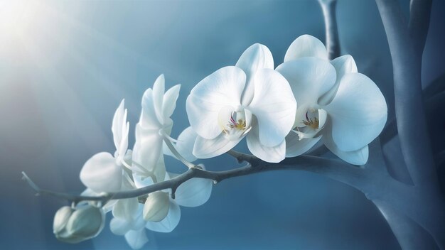 La branche d'une fleur d'orchidée blanche sur fond bleu