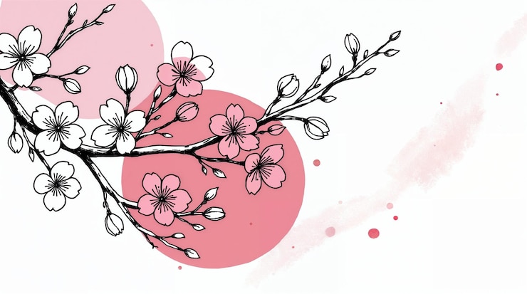 Photo branche de fleurs de cerise avec cercle rose et aquarelle