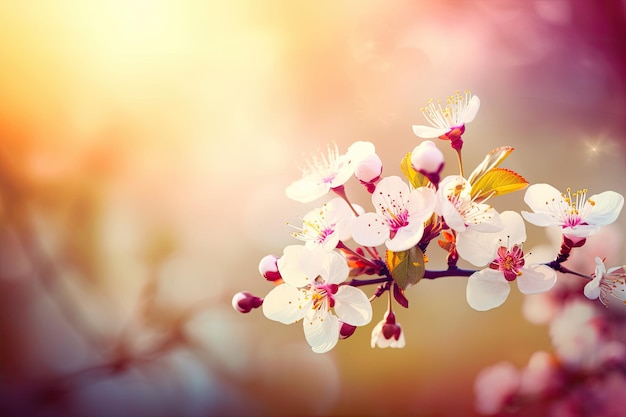 Une branche de fleurs de cerisier avec un fond jaune et rose