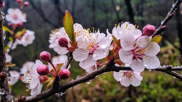 Une branche de fleurs de cerisier avec les gouttes de pluie dessus