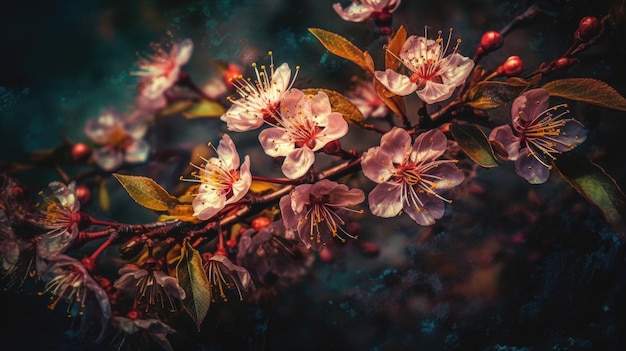 Une branche de fleurs de cerisier avec le mot cerise dessus