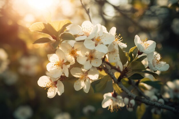 Une branche de fleurs de cerisier avec le soleil qui brille à travers les feuilles