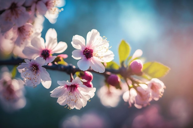 Une branche de fleurs de cerisier avec le soleil qui brille à travers les feuilles