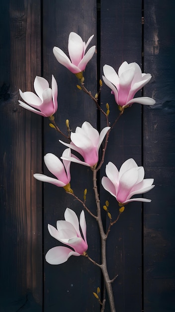 Photo branche avec des fleurs de magnolia roses sur un fond en bois rustique papier peint vertical mobile