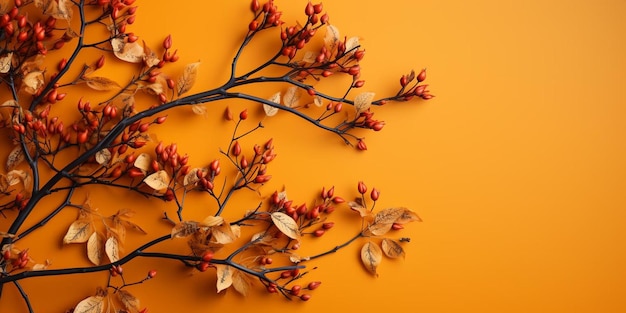 Branche avec fleurs orange sur fond orange vif