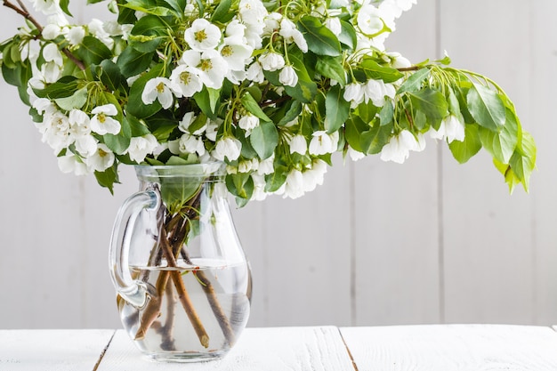 Branche avec des fleurs de printemps blanches dans un vase en verre