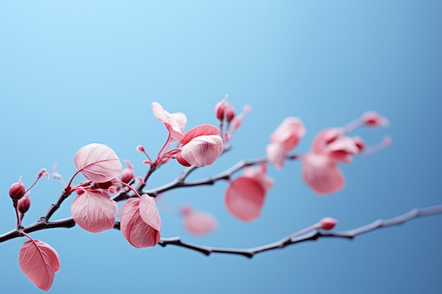 une branche avec des fleurs roses sur un ciel bleu