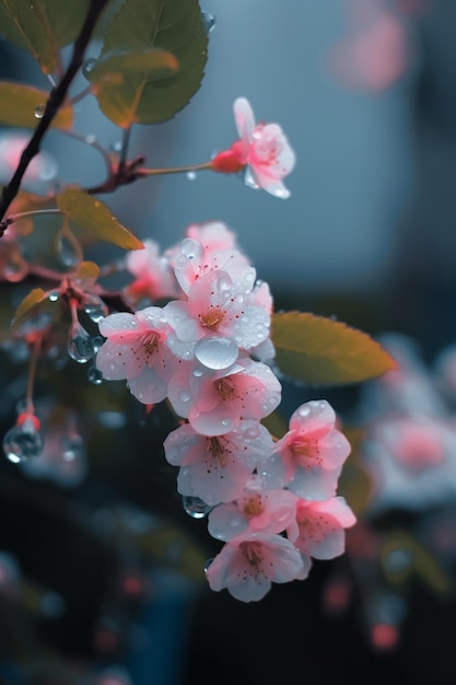 Une branche de fleurs roses avec des gouttelettes d'eau dessus