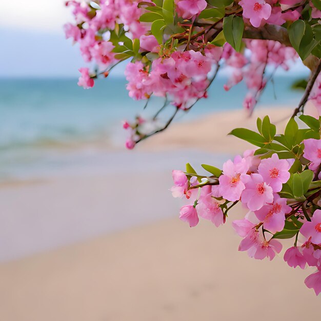 une branche de fleurs roses avec l'océan en arrière-plan