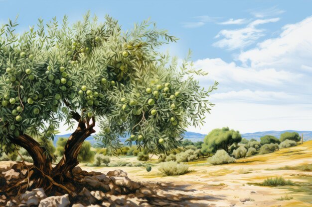 Branche florissante de plantation de campagne sereine avec des olives vertes AR 32