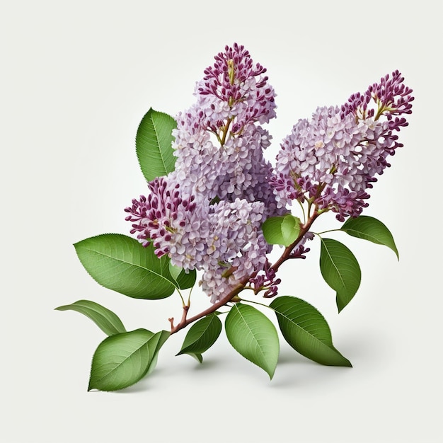 Une branche de lilas en fleur sur un fond blanc