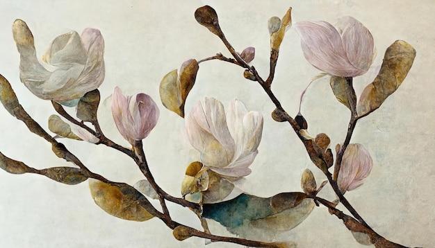 Branche de magnolia avec des bourgeons floraux en fleurs style art minimaliste moderne collage floral de couleur pastel Ai générative