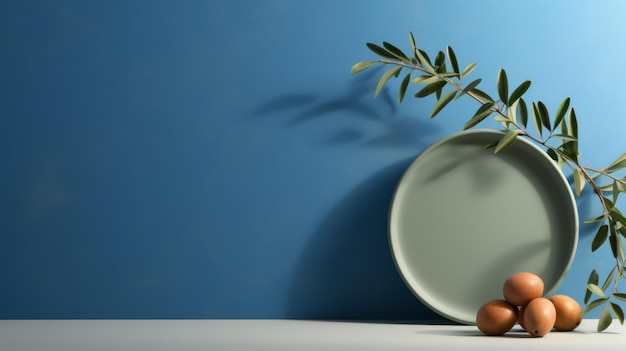 Branche d'olive en céramique minimaliste avec des œufs sur la table bleue