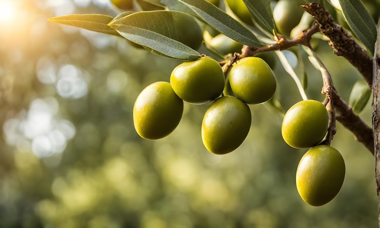 Branche d'olive avec des olives mûres à la lumière du soleil