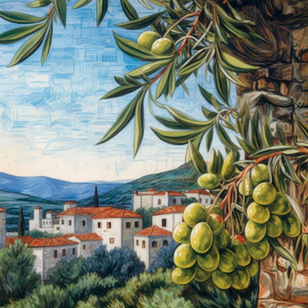 Photo branche d'olivier dans un paysage rural avec des maisons méditerranéennes en arrière-plan