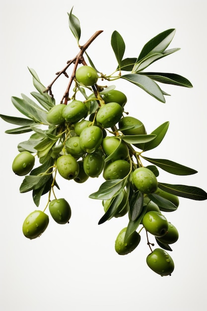 Branche d'olivier avec olives vertes sur fond blanc isolé généré IA