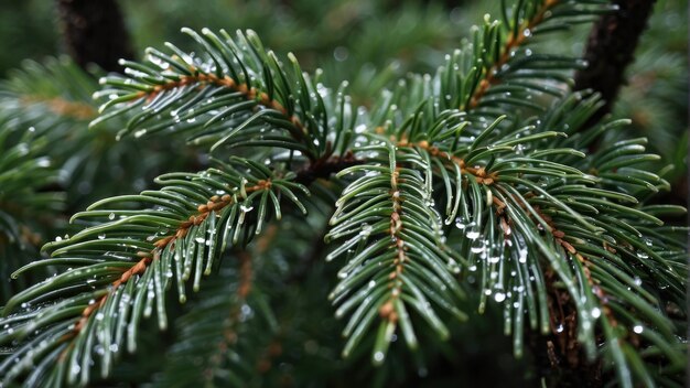 Une branche de pin avec des gouttes de pluie de près