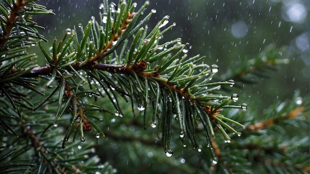 Une branche de pin avec des gouttes de pluie de près