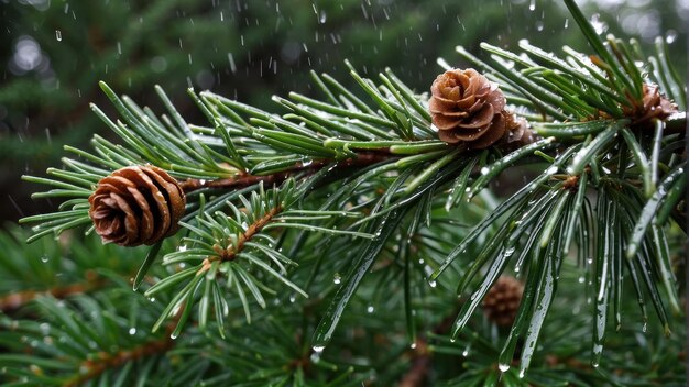 Une branche de pin avec des gouttes de pluie de près