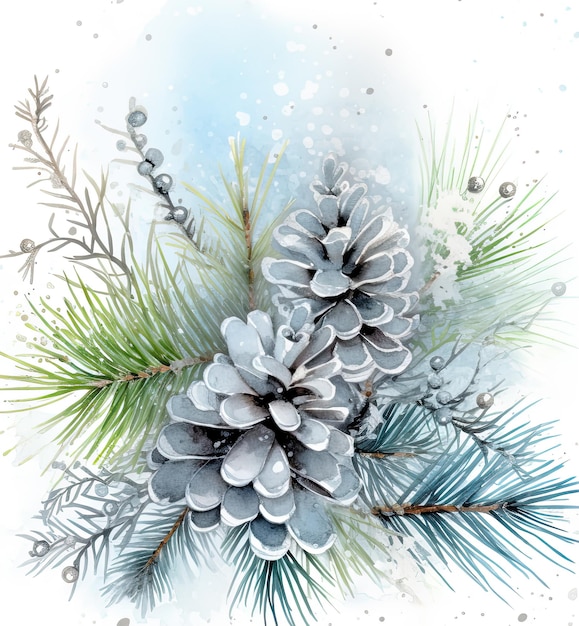 Branche de pin de Noël aquarelle hiver neigeux Illustration AI GenerativexD