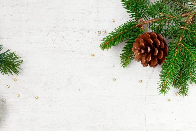 Branche de pomme de pin et de sapin sur table en bois