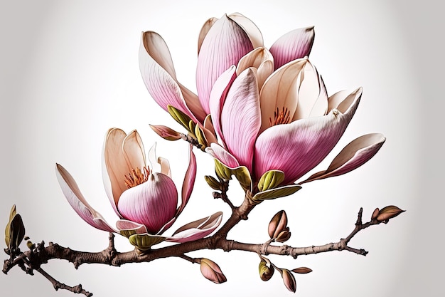 Branche de printemps d'une fleur de magnolia isolée sur fond blanc