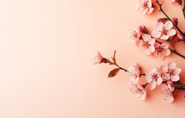 Branche de printemps avec des fleurs sur un fond de pêche modèle plat avec espace de copie