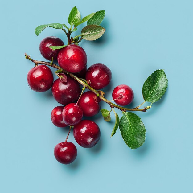 Photo une branche de prunes fraîches mûres avec des feuilles vertes sur un fond bleu les prunes sont d'une couleur rouge foncé et ont un éclat brillant